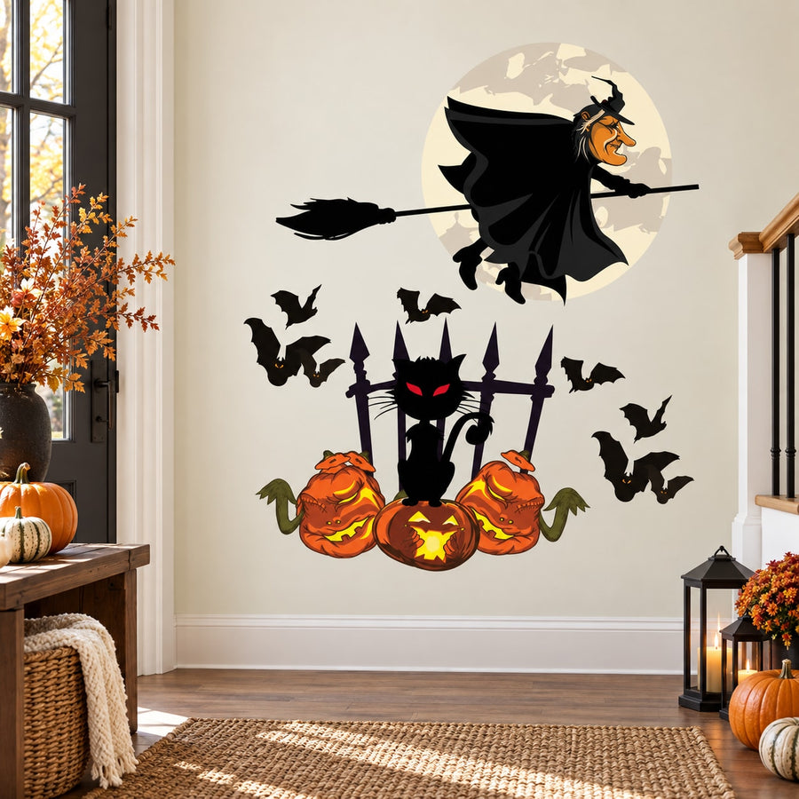 Halloween witch flying over pumpkins and cats wall decal, black and orange with bats