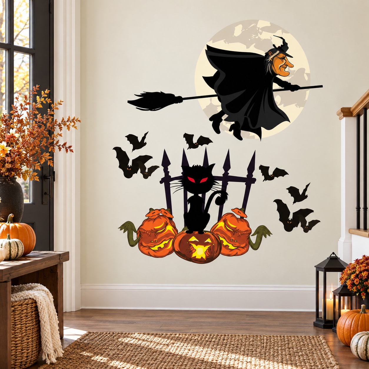 Halloween witch flying over pumpkins and cats wall decal, black and orange with bats