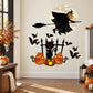 Halloween witch flying over pumpkins and cats wall decal, black and orange with bats