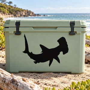 Hammerhead shark turning decal in black on light green cooler side