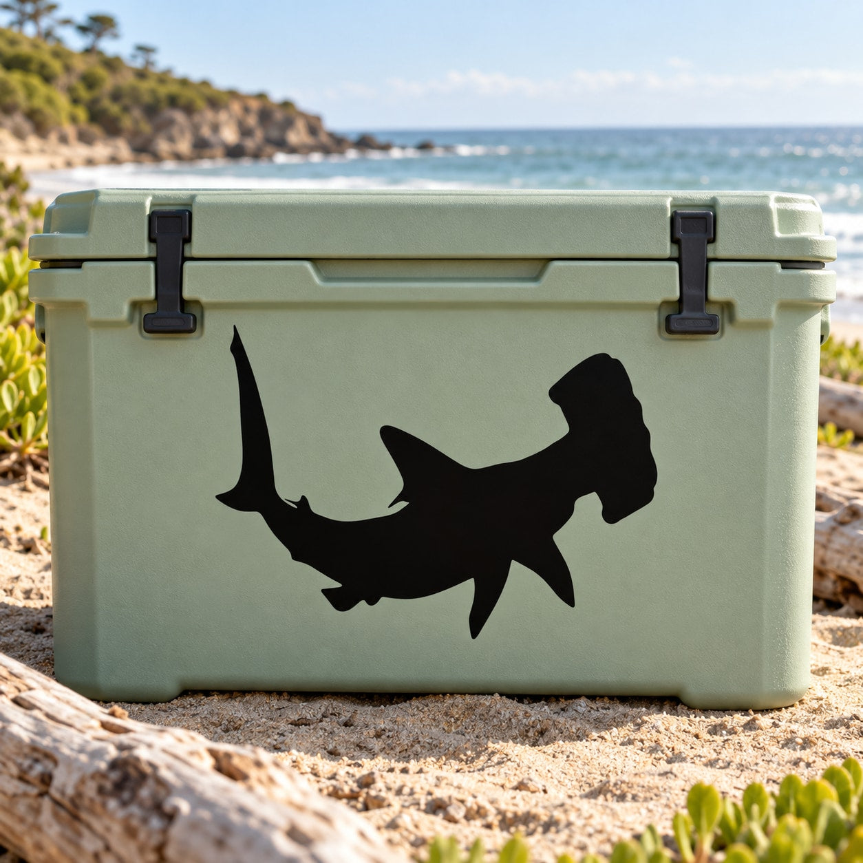 Hammerhead shark turning decal in black on light green cooler side