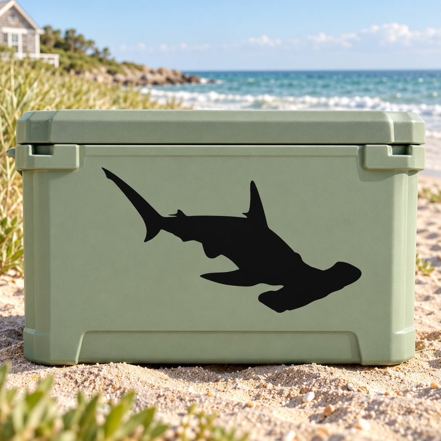 Hammerhead shark diving decal, black silhouette on a rectangular cooler