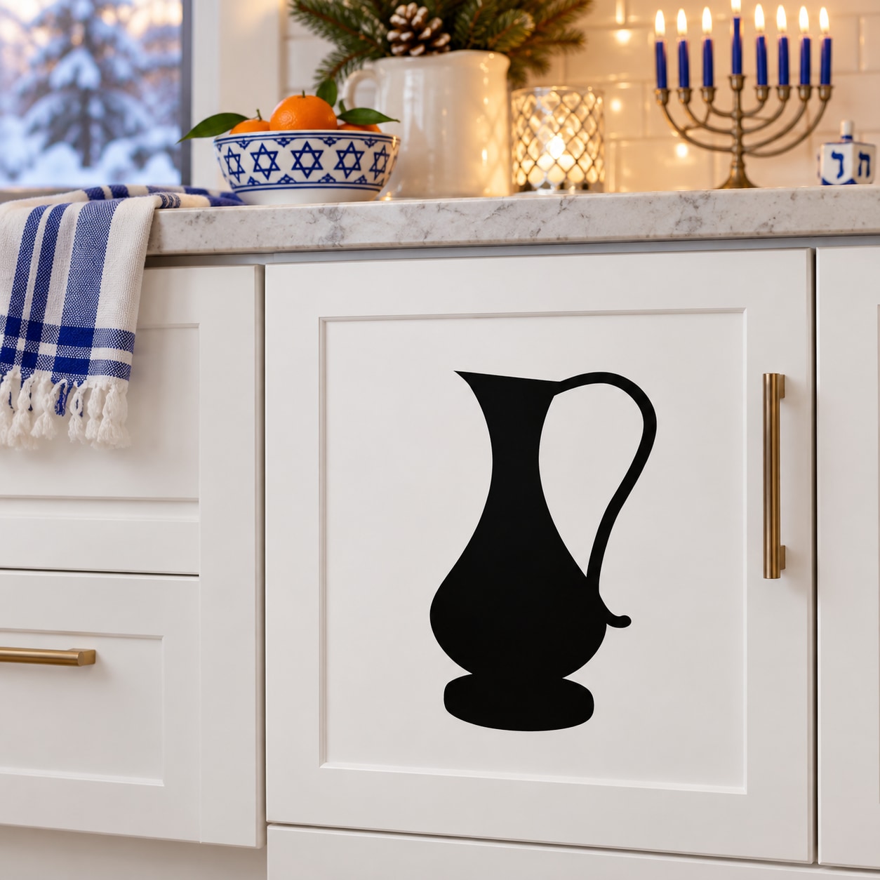 Hanukkah pitcher decal with black silhouette on white background