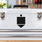 Dreidel decal sticker with black and white symbol on white metal case