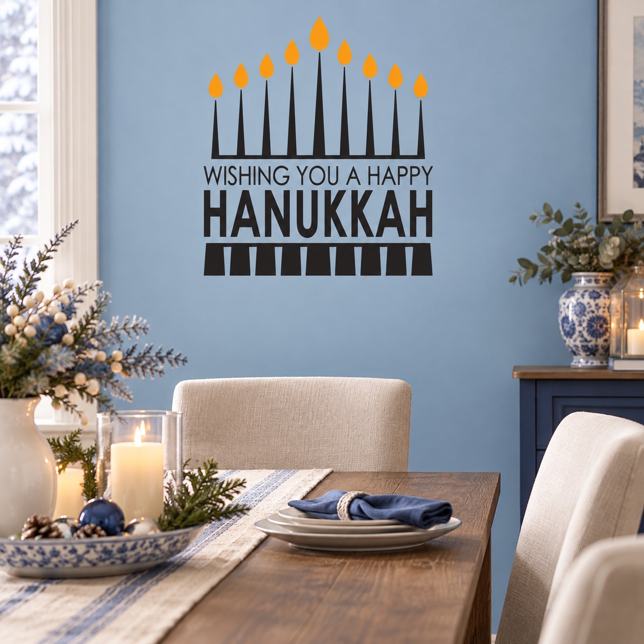 Wishing You Happy Hanukkah Printed Die Cut Decal — illustrative vinyl decal application mockup. Surrounding objects are not included.