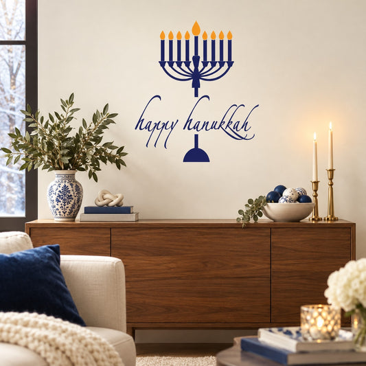 Blue Hanukkah menorah wall decal with candles and 'Happy Hanukkah' text