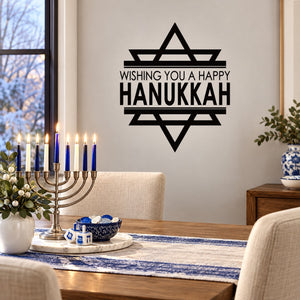 Wishing You A Happy Hanukkah Star of David Decal — illustrative vinyl decal application mockup. Surrounding objects are not included.