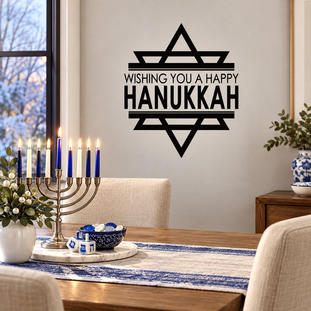 Wishing You A Happy Hanukkah Star of David Decal — illustrative vinyl decal application mockup. Surrounding objects are not included.