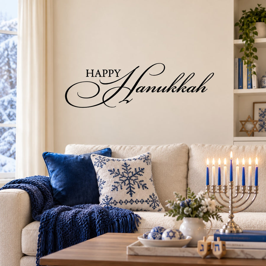 Happy Hanukkah Script Decal — illustrative vinyl decal application mockup. Surrounding objects are not included.