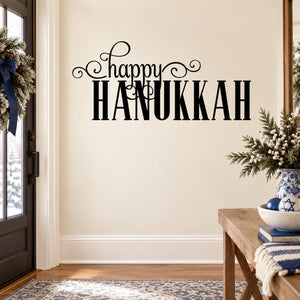 Happy Hanukkah wall decal with ornate script and large decorative lettering