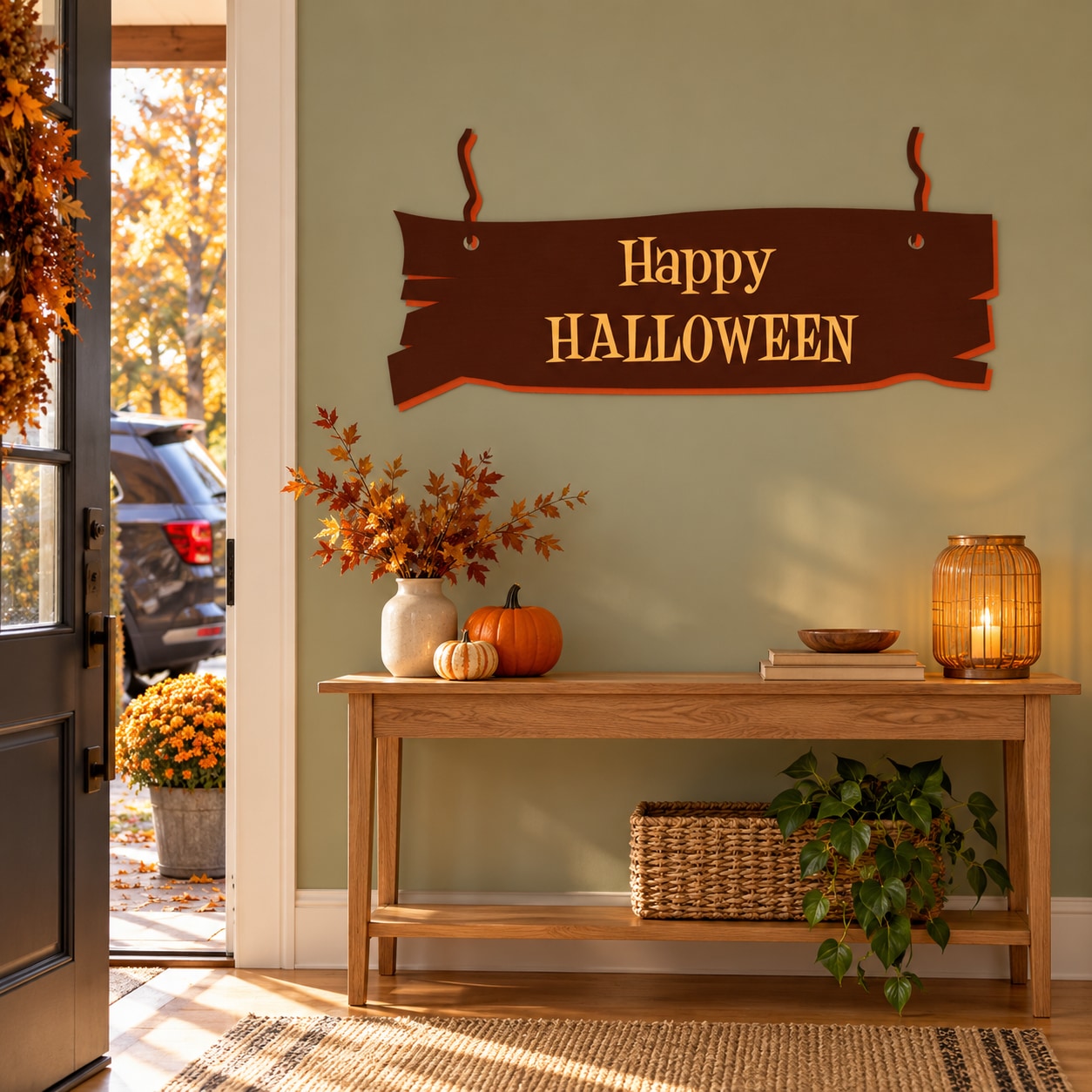 Halloween plank sign sticker with ribbon banner reading “Happy HALLOWEEN”