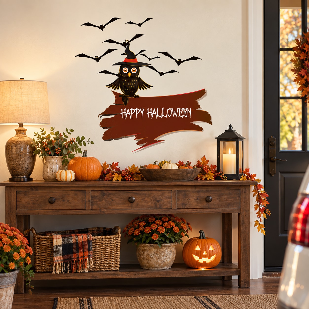 Happy Halloween owl scarecrow printed die-cut decal with striped hat and text