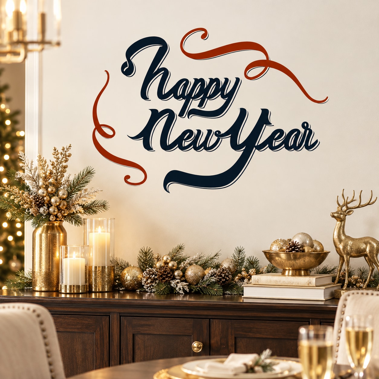 Happy New Year flourish printed die-cut decal with script lettering in red and navy