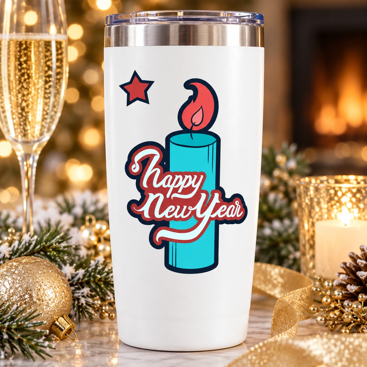 White candle with colorful Happy New Year decal, blue candle and red star