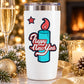 White candle with colorful Happy New Year decal, blue candle and red star