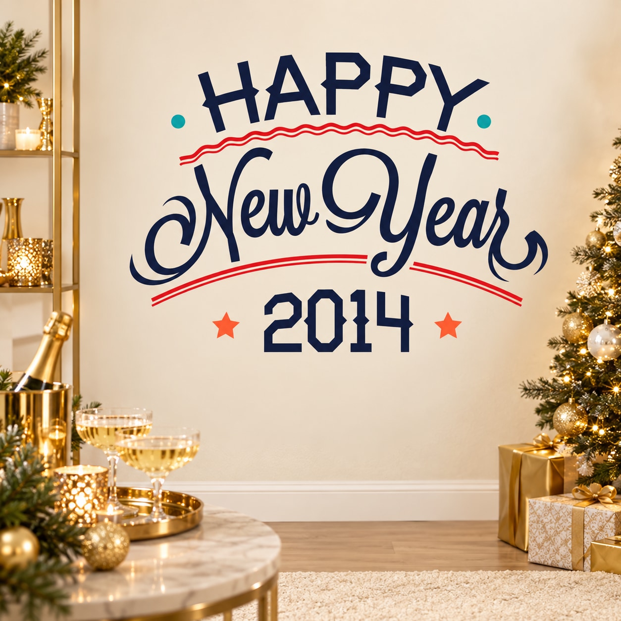 Happy New Year 2014 printed die-cut decal with blue and red typography