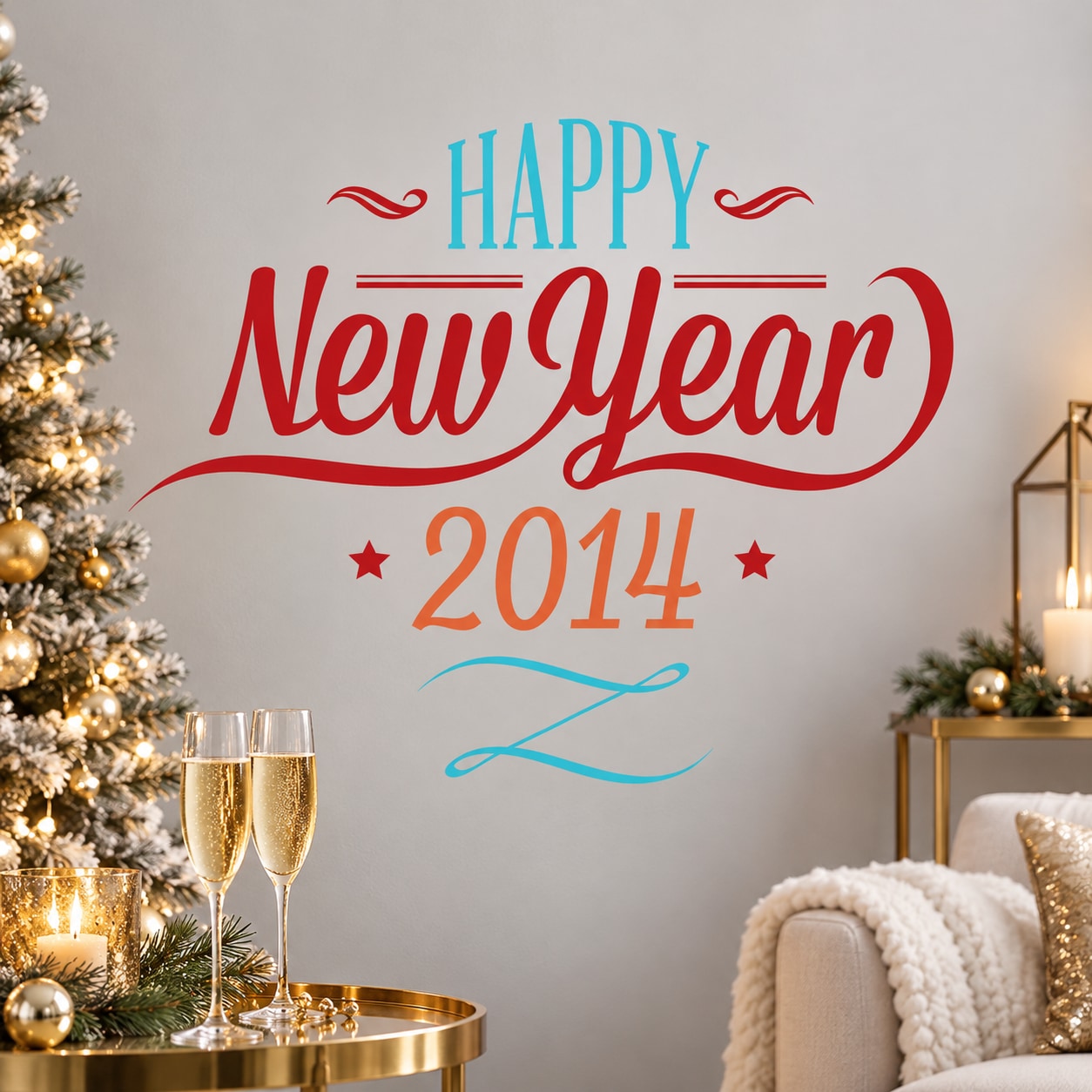 New Year die-cut decal reading HAPPY New Year 2014 in red and blue