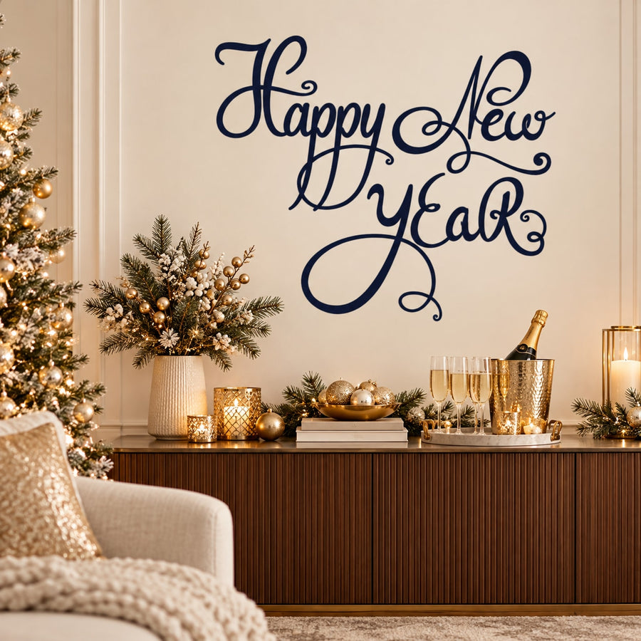 Script New Year Decal — illustrative vinyl decal application mockup. Surrounding objects are not included.