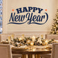 Happy New Year star two-color wall decal with blue lettering and orange stars