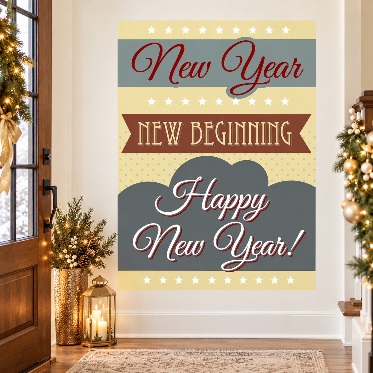 Rectangular New Year sticker: "Happy New Year!", "New Beginning" text and stars