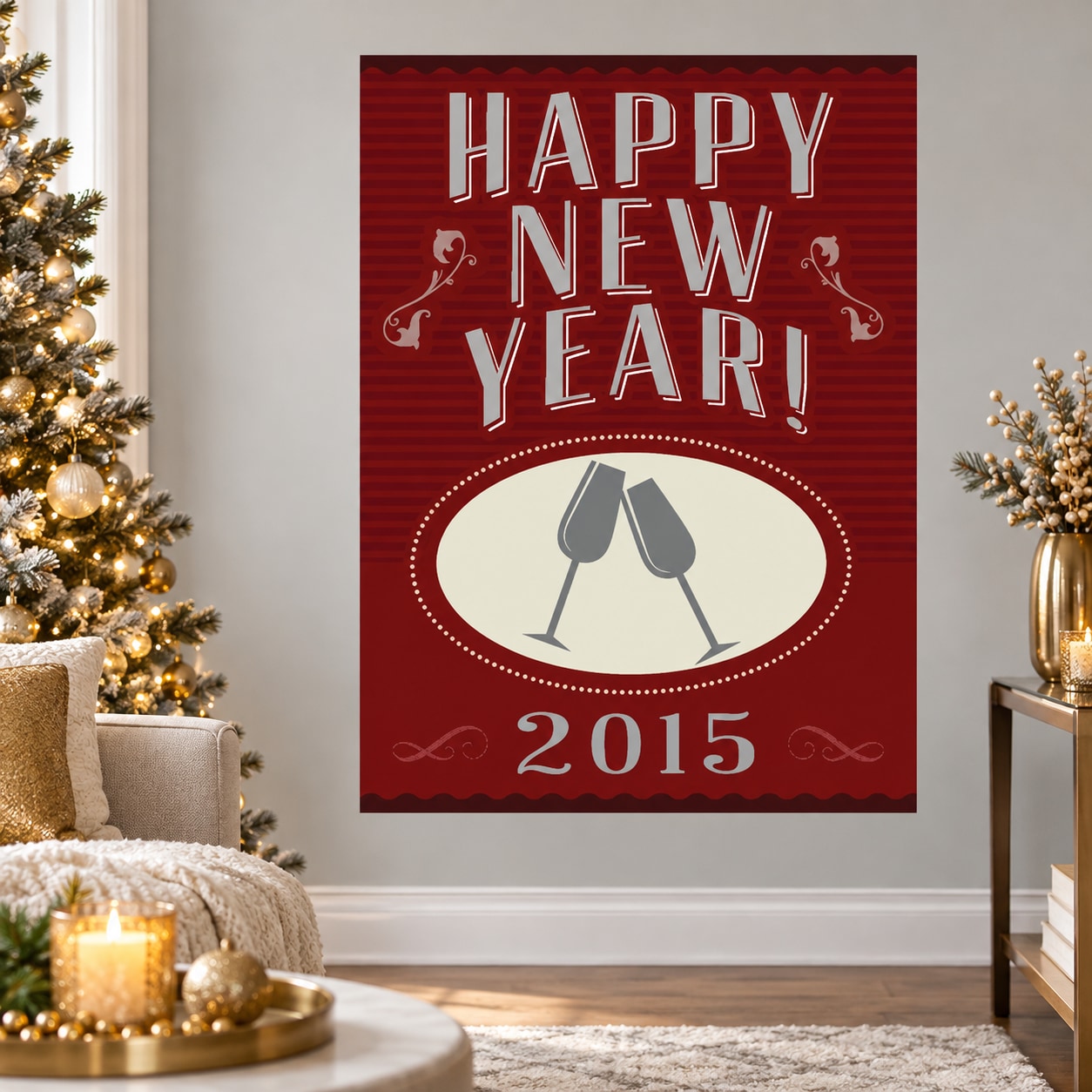 Happy New Year toast sticker with champagne glasses and “2015” text