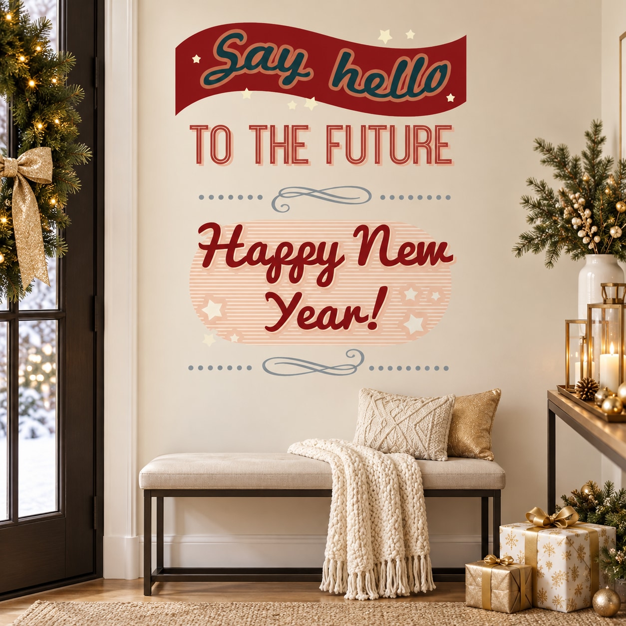 New Year wall sticker with red, teal and white text: “Say hello to the future”