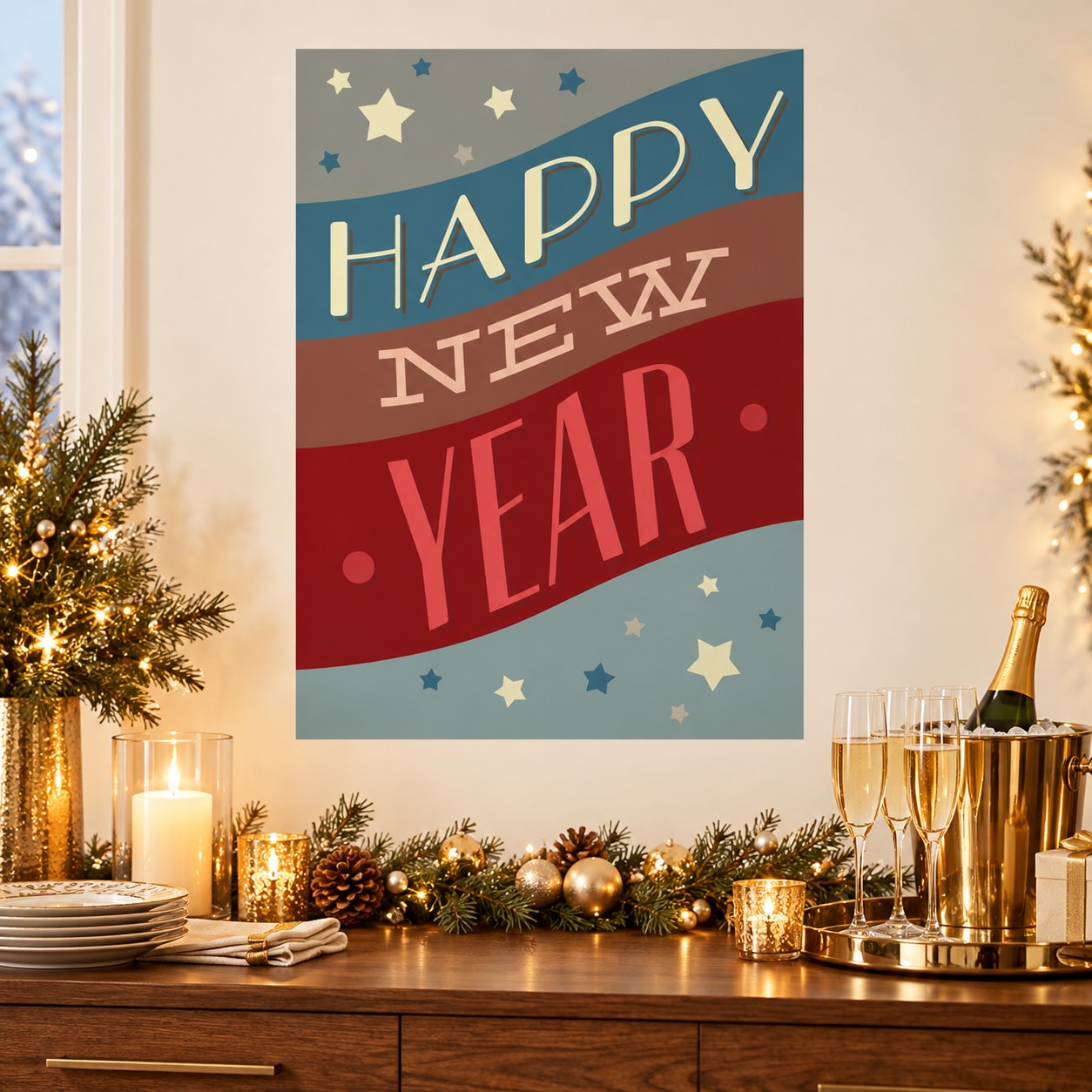 Happy New Year sticker, blue with stars, red ribbon text, white and gold accents