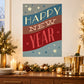 Happy New Year sticker, blue with stars, red ribbon text, white and gold accents