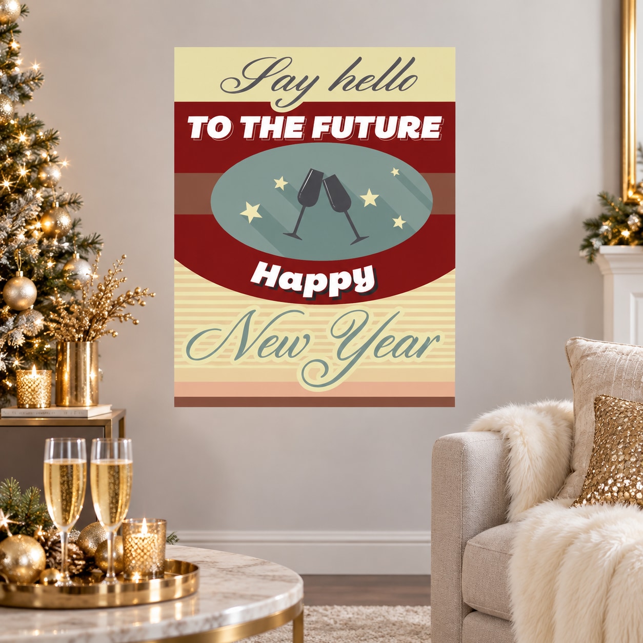 Happy New Year sticker, red and beige with stars, scales icon, 'Say hello to the future' text