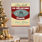 Happy New Year sticker, red and beige with stars, scales icon, 'Say hello to the future' text