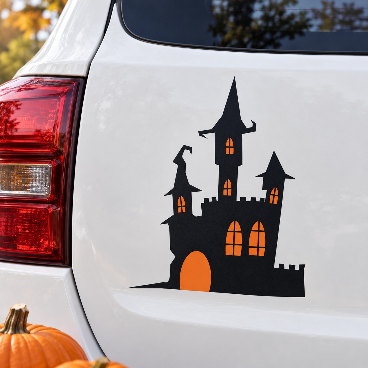 Black haunted house silhouette sticker with glowing orange windows and lights