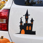 Black haunted house silhouette sticker with glowing orange windows and lights