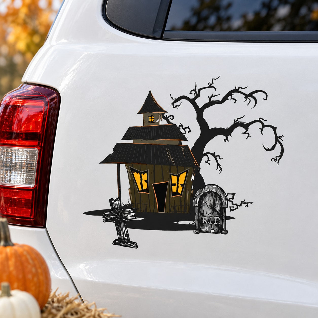 Black haunted house decal with creepy tree branches and bats, for car windows