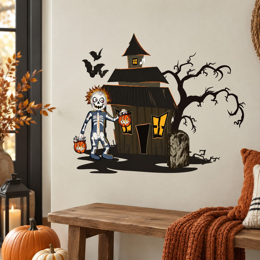 Haunted house die-cut decal with skeleton trick-or-treater, pumpkins, bats and spooky trees.