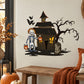 Haunted house die-cut decal with skeleton trick-or-treater, pumpkins, bats and spooky trees.