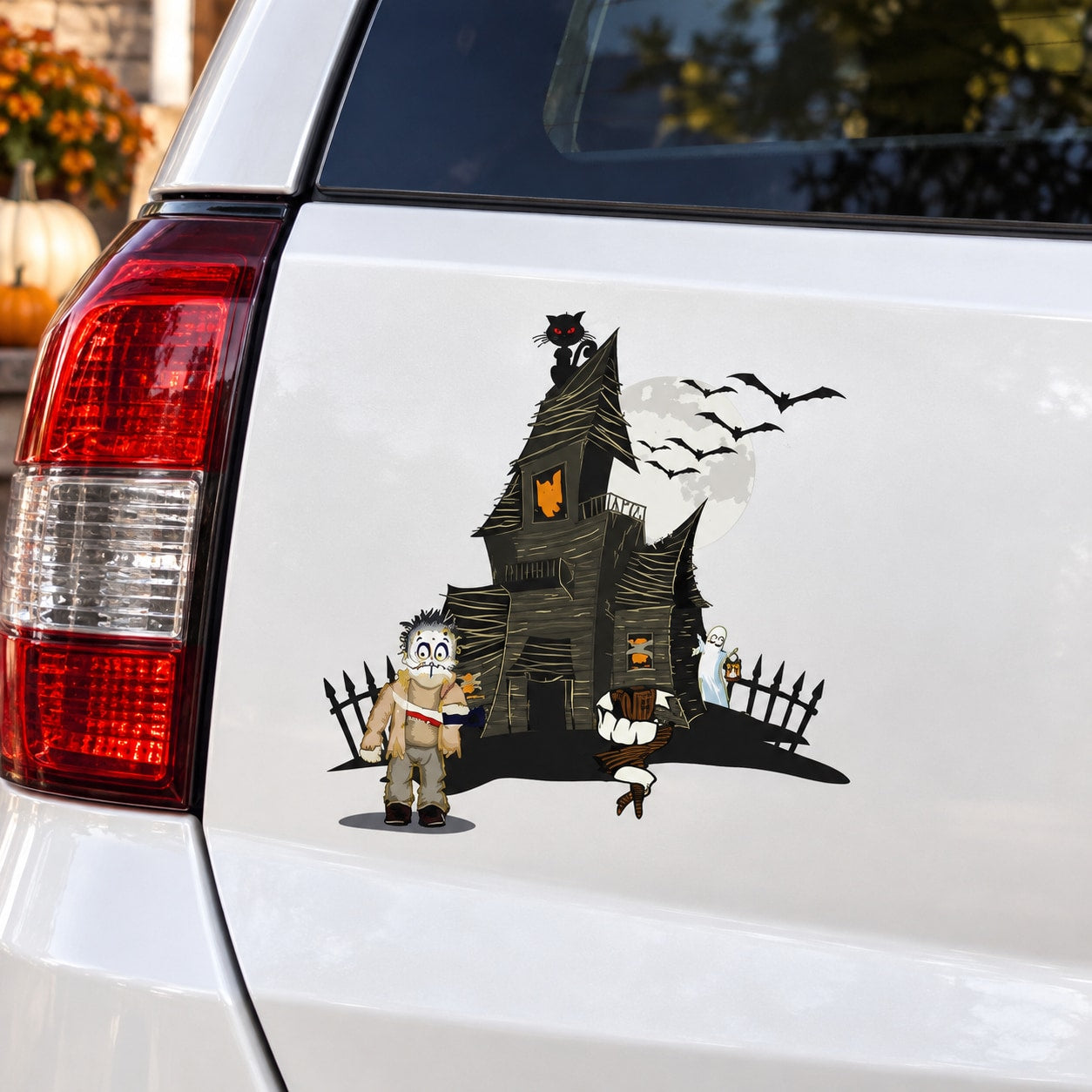 Haunted house monster printed die-cut car decal, black and green with bats and figures