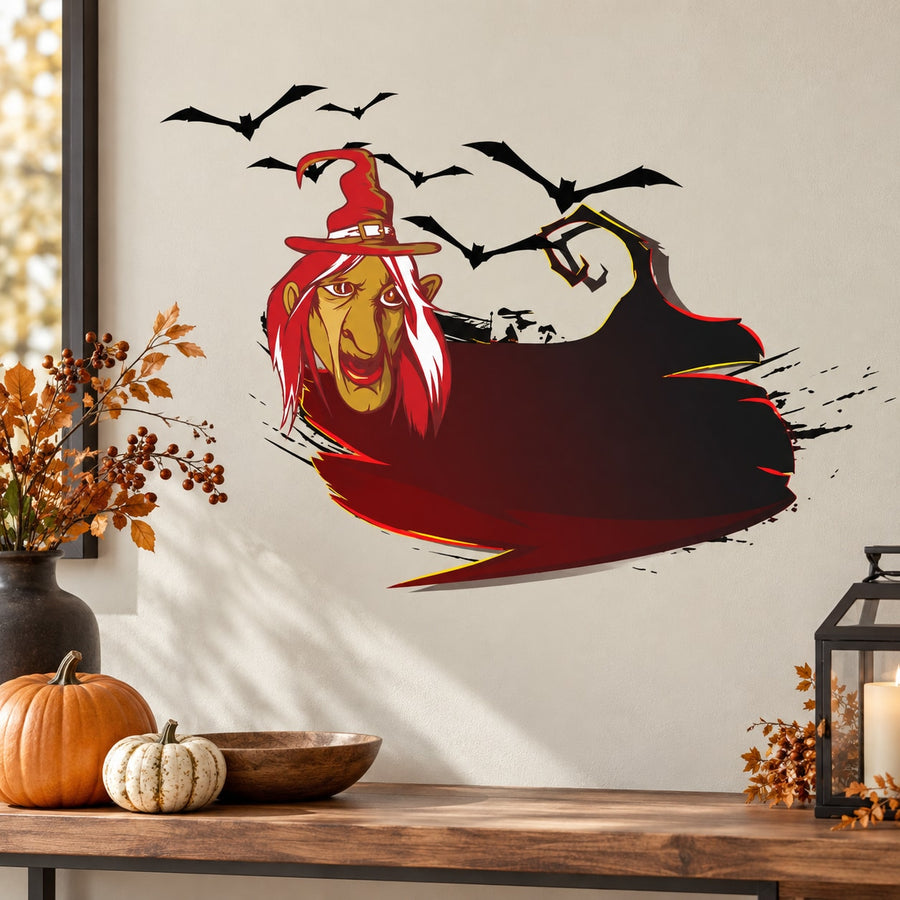 Witch and bats printed die-cut decal with red, black, and yellow design