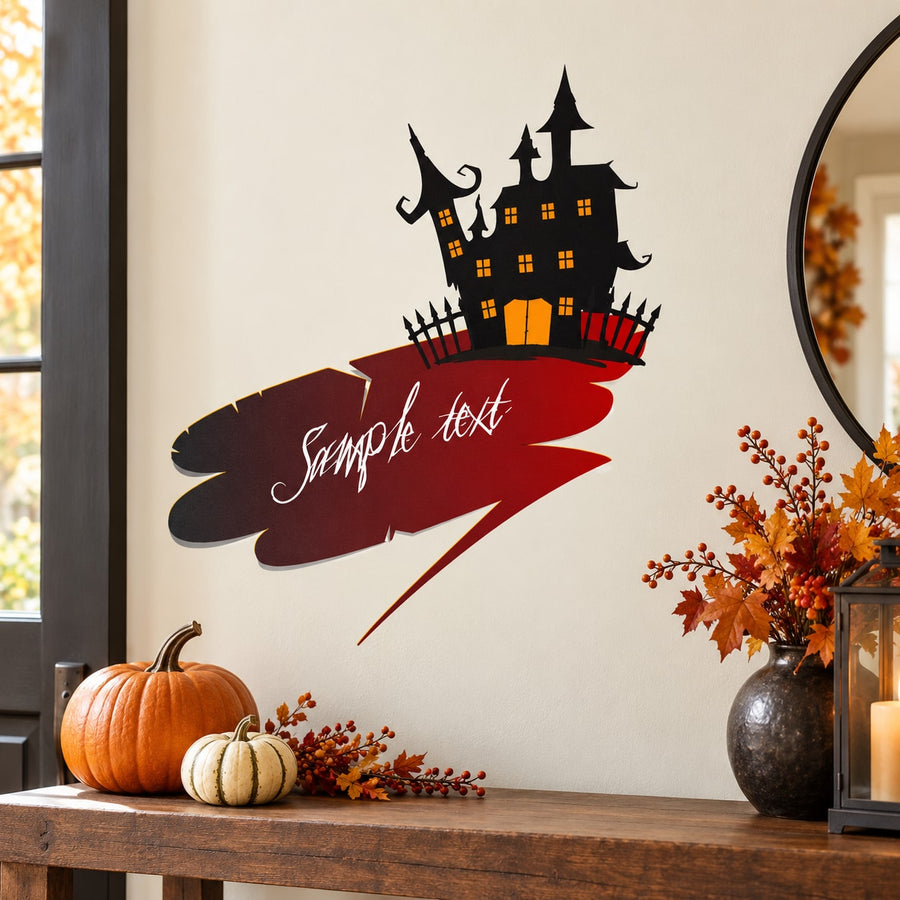 Creepy haunted house sticker: black castle with orange windows, bats, and red 'Sample Text'.