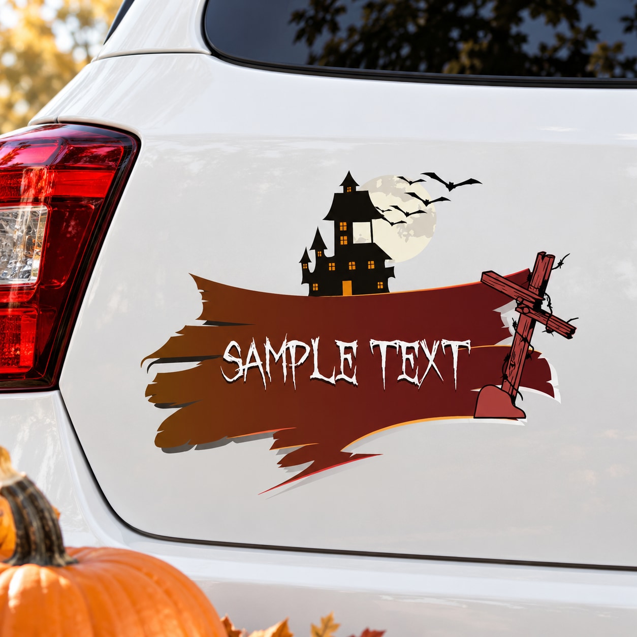 Haunted house die-cut decal with bats, haunted mansion, windmill and red sample text