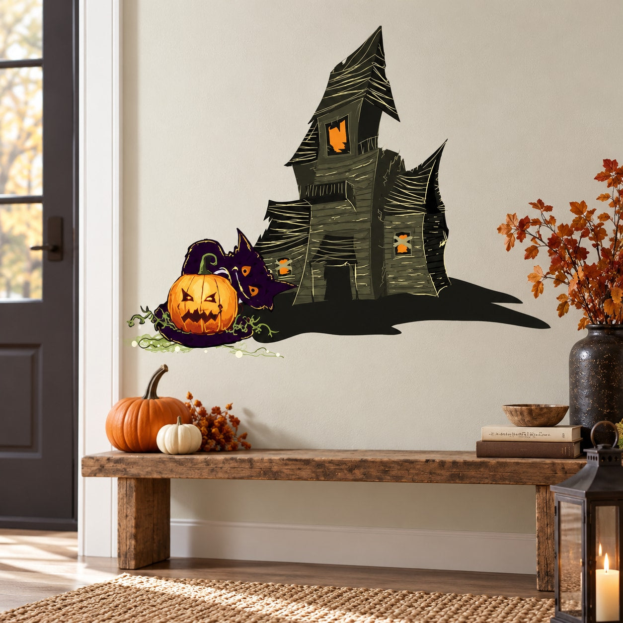 Haunted house and pumpkin wall sticker with jack-o'-lantern faces and bats