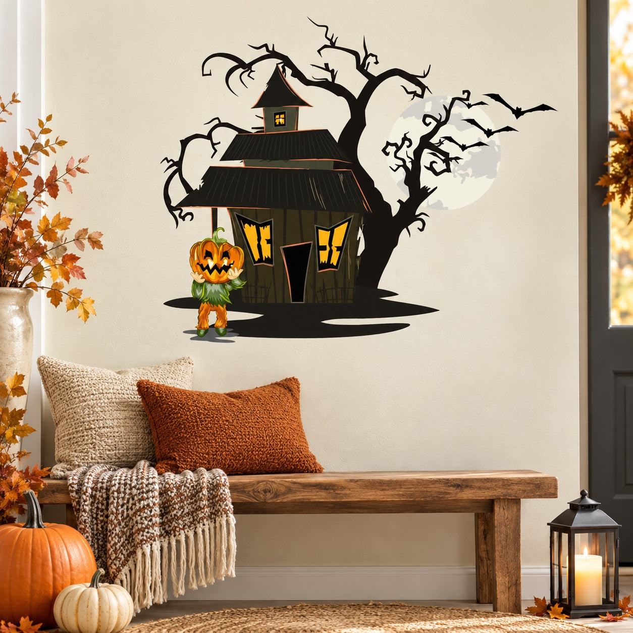 Haunted house and pumpkin monster wall decal, die-cut silhouette with glowing jack-o-lantern eyes