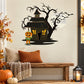 Haunted house and pumpkin monster wall decal, die-cut silhouette with glowing jack-o-lantern eyes