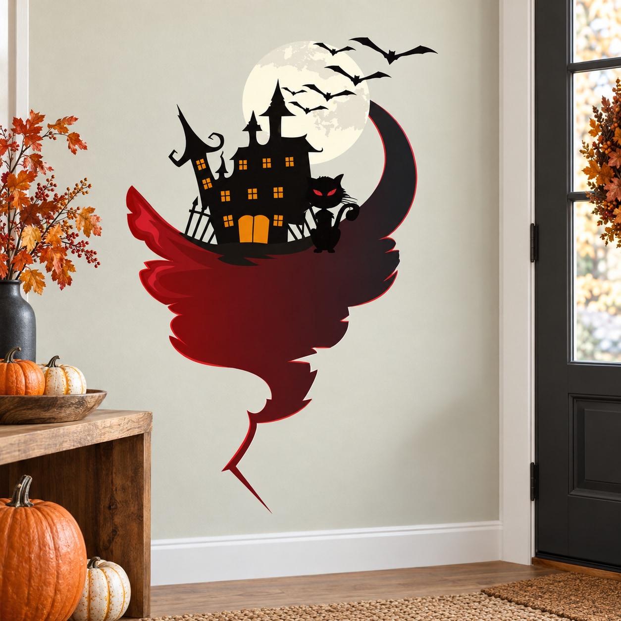 Haunted house sticker with black cat, bats, and full moon over dark city silhouette