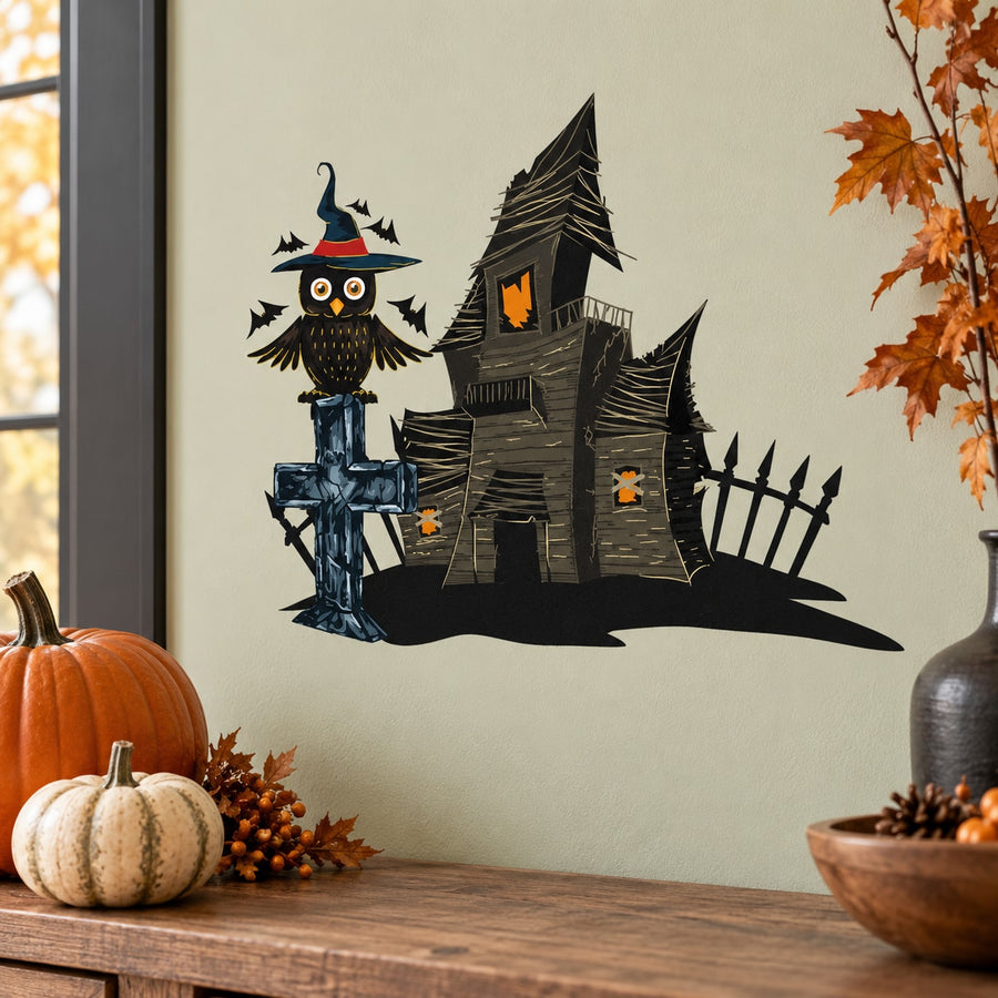 Halloween haunted house sticker with owl, tombstone, picket fence and bats