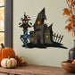 Halloween haunted house sticker with owl, tombstone, picket fence and bats