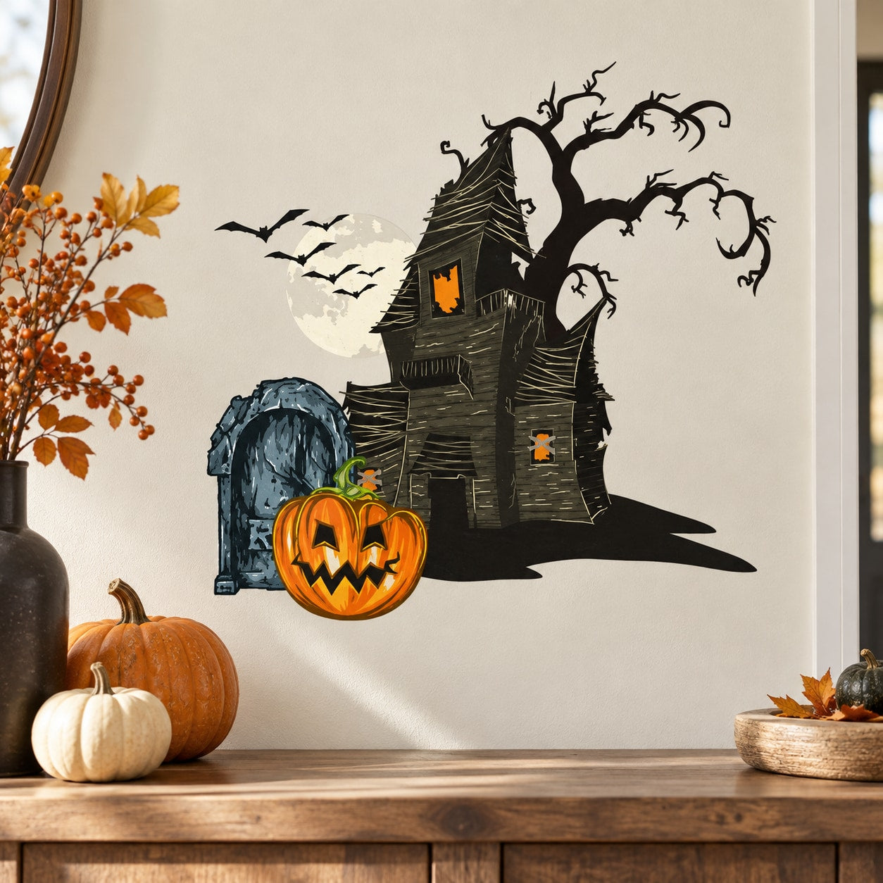 Haunted house die-cut decal with orange pumpkins, tombstone and bats silhouette