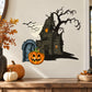Haunted house die-cut decal with orange pumpkins, tombstone and bats silhouette