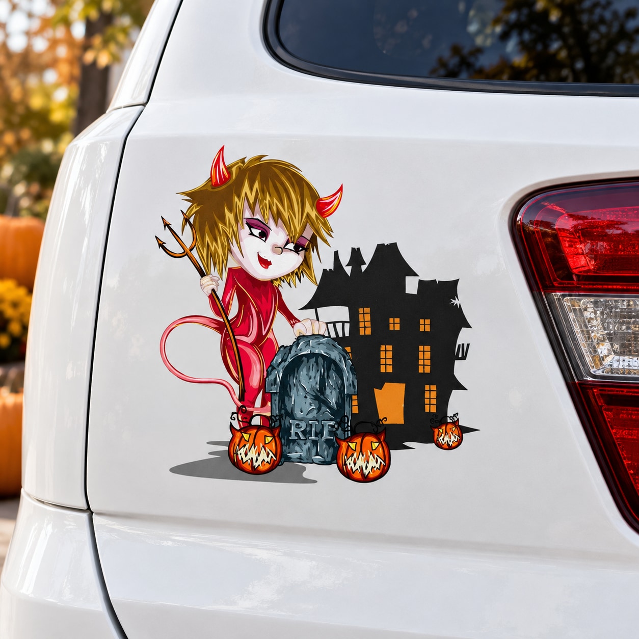 Devil girl with tombstone and haunted house silhouette car sticker