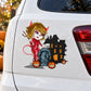 Devil girl with tombstone and haunted house silhouette car sticker