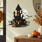 Haunted house graveyard die-cut decal, black silhouettes with full moon and orange windows